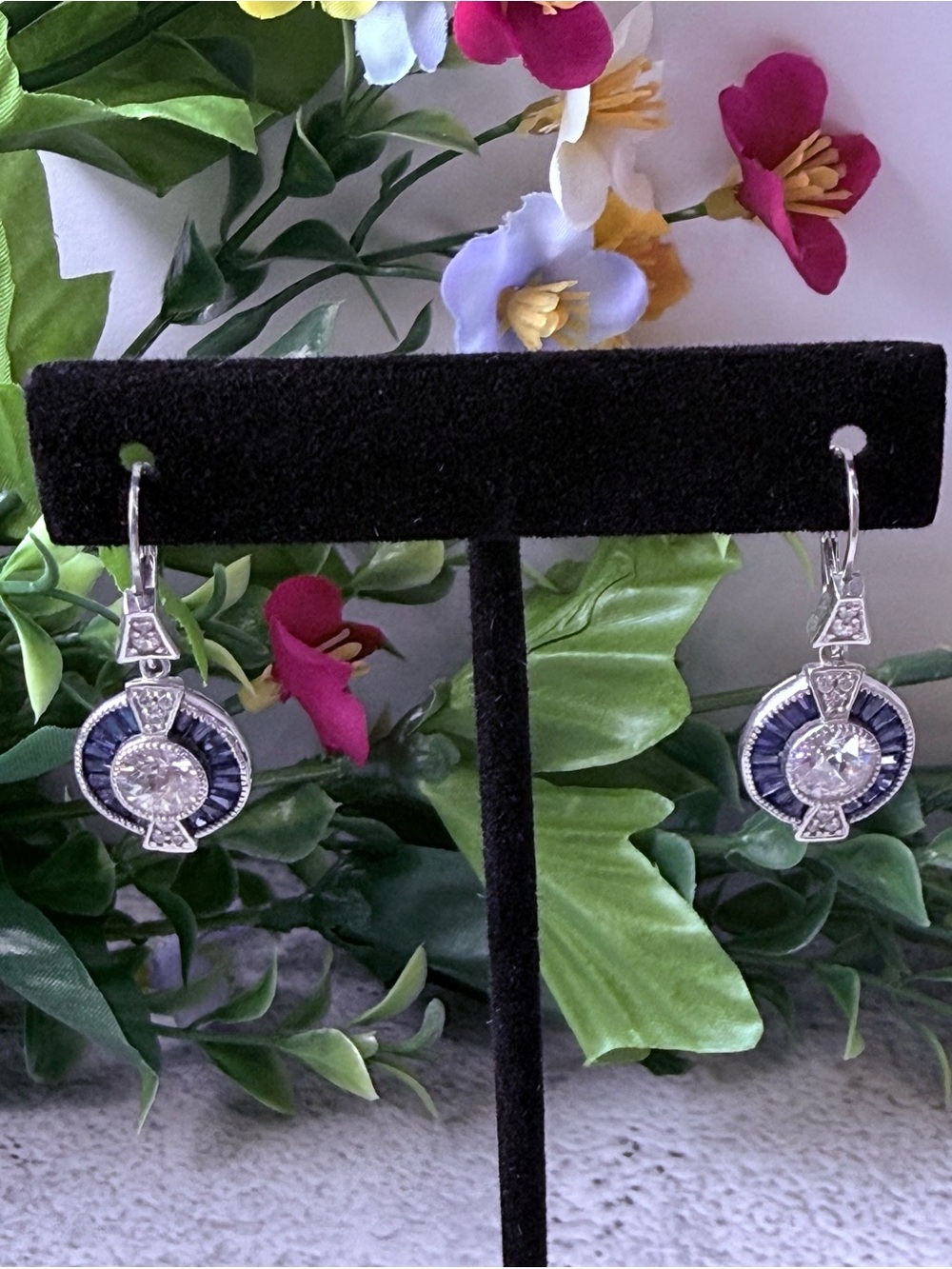 Silver-Tone Blue Cz Drop Earrings